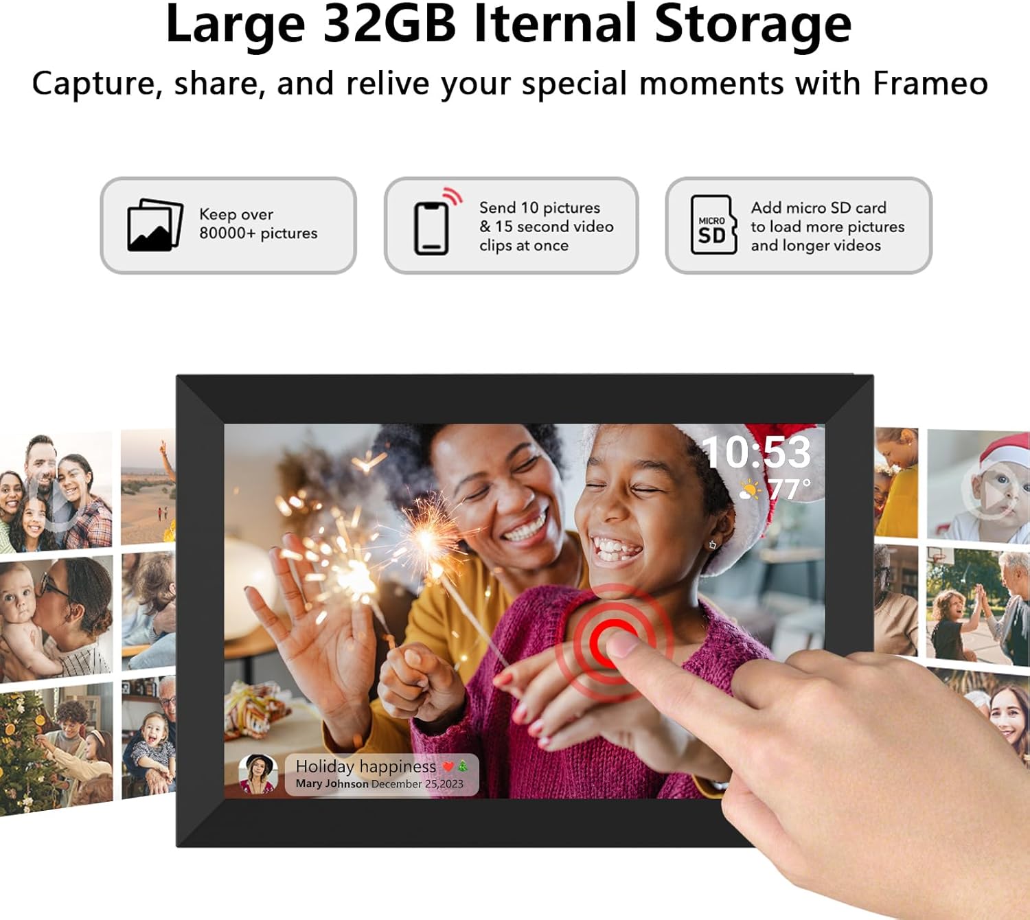 32GB FRAMEO 10.1 Inch Smart WiFi Digital Photo Frame 1280x800 IPS LCD Touch Screen, Auto-Rotate Portrait and Landscape, Built in 32GB Memory, Share Moments Instantly via Frameo App from Anywhere